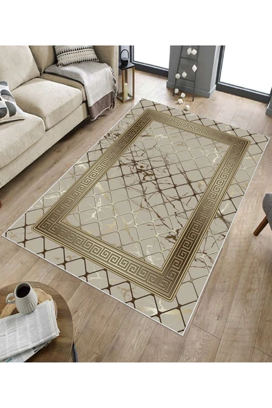 Makinede Yıkanabilir Leke Tutmaz  Vizon-Gold Dot Keçe Kaymaz Taban Versace Salon Saçaksız Halı B1280  VİZON-GOLD 80 x 300 - Resim 5