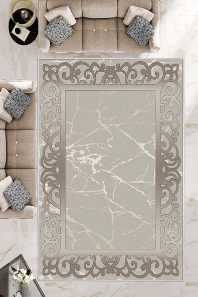 Makinede Yıkanabilir Leke Tutmaz  Vizon Dot Keçe Kaymaz Taban DekorÇerçeve Salon Saçaksız Halı B1275  BEJ-VİZON 120 x 180
