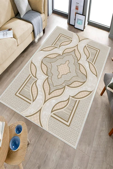 Makinede Yıkanabilir Leke Tutmaz  Bej Dot Keçe Kaymaz Taban Göbekli Salon Saçaksız Halı B1268  BEJ 160 x 230 - Resim 3