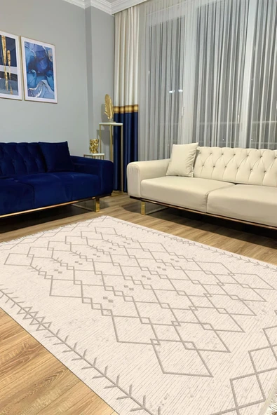 Makinede Yıkanabilir Leke Tutmaz  Krem Dot Keçe Kaymaz Taban İskandinav Salon Saçaksız Halı A189  KREM KAHVE 80 x 200 - Resim 3