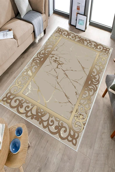 Makinede Yıkanabilir Leke Tutmaz  Gold Dot Keçe Kaymaz Taban DekorÇerçeve Salon Saçaksız Halı B1274  GOLD 80 x 200 - Resim 3