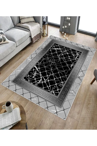 Makinede Yıkanabilir Leke Tutmaz  Gri-Siyah Dot Keçe Kaymaz Taban Versace Salon Saçaksız Halı B1293  GRİ-SİYAH 80 x 200 - Resim 4