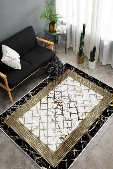 Makinede Yıkanabilir Leke Tutmaz  Siyah-Beyaz Dot Keçe Kaymaz Taban Versace Salon Saçaksız Halı B1279  SİYAH-BEYAZ 80 x 200 - Resim 4