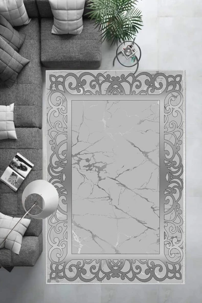 Makinede Yıkanabilir Leke Tutmaz  Gri Dot Keçe Kaymaz Taban DekorÇerçeve Salon Saçaksız Halı B1276  GRİ 180 x 280 - Resim 6