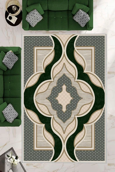 Makinede Yıkanabilir Leke Tutmaz  Yeşil Dot Keçe Kaymaz Taban Göbekli Salon Saçaksız Halı B1271  YEŞİL 180 x 280