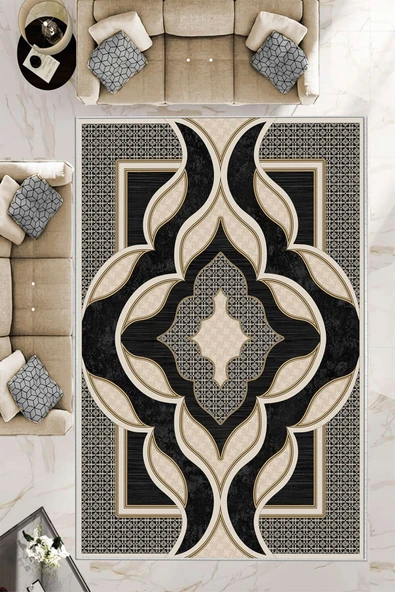 Makinede Yıkanabilir Leke Tutmaz  Siyah Dot Keçe Kaymaz Taban Göbekli Salon Saçaksız Halı B1273  SİYAH 80 x 150 ürün görseli