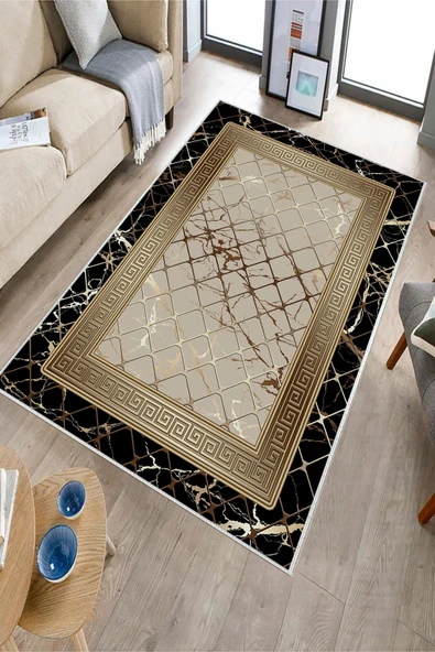 Makinede Yıkanabilir Leke Tutmaz  Siyah-Vizon Dot Keçe Kaymaz Taban Versace Salon Saçaksız Halı B1278  SİYAH VİZON 100 x 300 - Resim 3