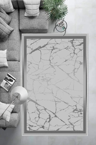 Makinede Yıkanabilir Leke Tutmaz  Gri Dot Keçe Kaymaz Taban Çerçeve Salon Saçaksız Halı B1288  GRİ 180 x 280 - Resim 6