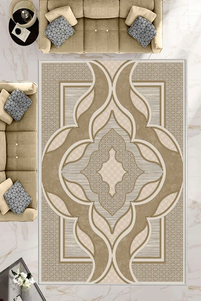 Makinede Yıkanabilir Leke Tutmaz  Kahverengi Dot Keçe Kaymaz Taban Göbekli Salon Saçaksız Halı B1269  KAHVERENGİ 100 x 300