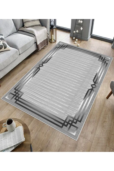 Makinede Yıkanabilir Leke Tutmaz  Gri Dot Keçe Kaymaz Taban Çerçeveli Salon Saçaksız Halı B1267  GRİ 80 x 200 - Resim 5