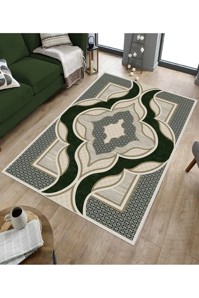 Makinede Yıkanabilir Leke Tutmaz  Yeşil Dot Keçe Kaymaz Taban Göbekli Salon Saçaksız Halı B1271  YEŞİL 160 x 230 - Resim 5