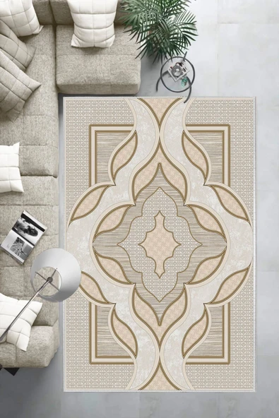 Makinede Yıkanabilir Leke Tutmaz  Bej Dot Keçe Kaymaz Taban Göbekli Salon Saçaksız Halı B1268  BEJ 160 x 230 - Resim 2