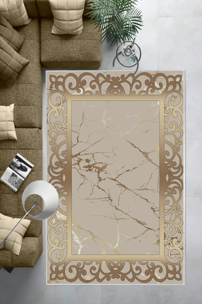 Makinede Yıkanabilir Leke Tutmaz  Gold Dot Keçe Kaymaz Taban DekorÇerçeve Salon Saçaksız Halı B1274  GOLD 100 x 300 - Resim 6