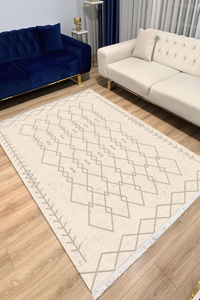 Makinede Yıkanabilir Leke Tutmaz  Krem Dot Keçe Kaymaz Taban İskandinav Salon Saçaksız Halı A189  KREM KAHVE 80 x 200 - Resim 6