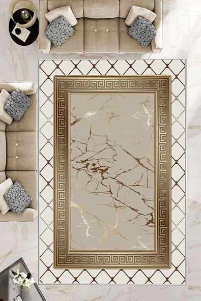 Makinede Yıkanabilir Leke Tutmaz  Krem-Vizon Dot Keçe Kaymaz Taban Versace Salon Saçaksız Halı B1281  KREM-VİZON 80 x 300