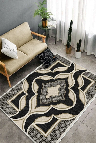 Makinede Yıkanabilir Leke Tutmaz  Siyah Dot Keçe Kaymaz Taban Göbekli Salon Saçaksız Halı B1273  SİYAH 80 x 150 - Resim 4