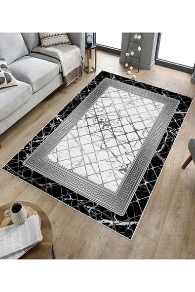 Makinede Yıkanabilir Leke Tutmaz  Siyah-Beyaz Dot Keçe Kaymaz Taban Versace Salon Saçaksız Halı B1294  SİYAH-BEYAZ 200 x 300 - Resim 5