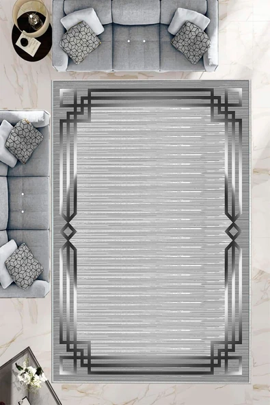 Makinede Yıkanabilir Leke Tutmaz  Gri Dot Keçe Kaymaz Taban Çerçeveli Salon Saçaksız Halı B1267  GRİ 160 x 230