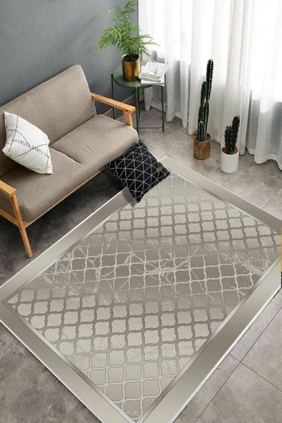 Makinede Yıkanabilir Leke Tutmaz  Bej-Vizon Dot Keçe Kaymaz Taban Modern Salon Saçaksız Halı B1284  BEJ-VİZON 200 x 300 - Resim 4