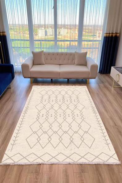 Makinede Yıkanabilir Leke Tutmaz  Krem Dot Keçe Kaymaz Taban İskandinav Salon Saçaksız Halı A189  KREM KAHVE 100 x 200