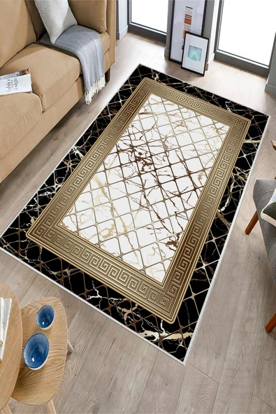 Makinede Yıkanabilir Leke Tutmaz  Siyah-Beyaz Dot Keçe Kaymaz Taban Versace Salon Saçaksız Halı B1279  SİYAH-BEYAZ 80 x 200 - Resim 3