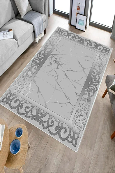 Makinede Yıkanabilir Leke Tutmaz  Gri Dot Keçe Kaymaz Taban DekorÇerçeve Salon Saçaksız Halı B1276  GRİ 180 x 280 - Resim 3