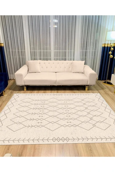 Makinede Yıkanabilir Leke Tutmaz  Krem Dot Keçe Kaymaz Taban İskandinav Salon Saçaksız Halı A189  KREM KAHVE 160 x 230 - Resim 5