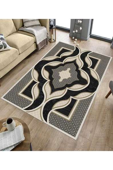 Makinede Yıkanabilir Leke Tutmaz  Siyah Dot Keçe Kaymaz Taban Göbekli Salon Saçaksız Halı B1273  SİYAH 80 x 150 - Resim 5