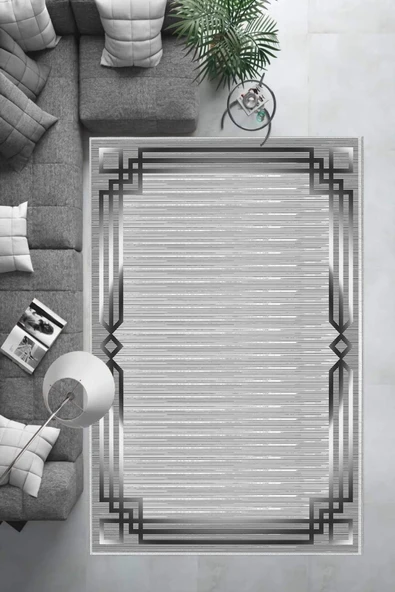 Makinede Yıkanabilir Leke Tutmaz  Gri Dot Keçe Kaymaz Taban Çerçeveli Salon Saçaksız Halı B1267  GRİ 80 x 200 - Resim 6