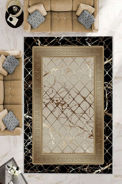 Makinede Yıkanabilir Leke Tutmaz  Siyah-Vizon Dot Keçe Kaymaz Taban Versace Salon Saçaksız Halı B1278  SİYAH VİZON 180 x 280