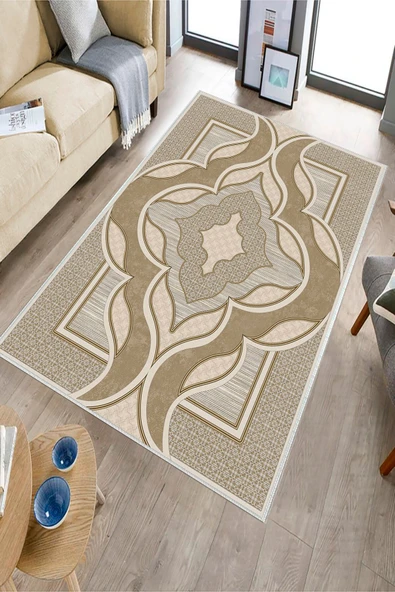 Makinede Yıkanabilir Leke Tutmaz  Kahverengi Dot Keçe Kaymaz Taban Göbekli Salon Saçaksız Halı B1269  KAHVERENGİ 160 x 230 - Resim 3