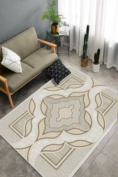 Makinede Yıkanabilir Leke Tutmaz  Bej Dot Keçe Kaymaz Taban Göbekli Salon Saçaksız Halı B1268  BEJ 160 x 230 - Resim 4