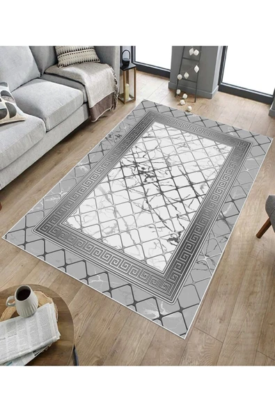 Makinede Yıkanabilir Leke Tutmaz  Gri-Beyaz Dot Keçe Kaymaz Taban Versace Salon Saçaksız Halı B1292  GRİ-BEYAZ 100 x 200 - Resim 5