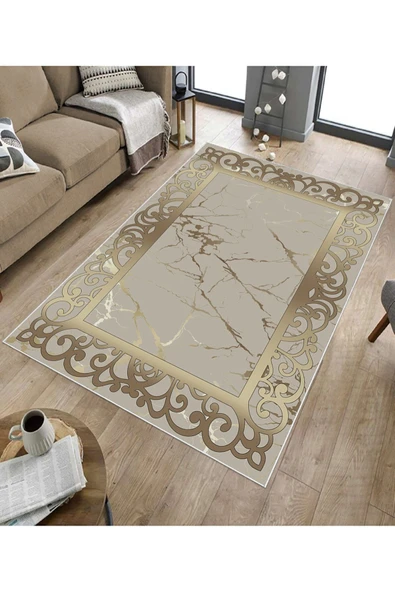 Makinede Yıkanabilir Leke Tutmaz  Gold Dot Keçe Kaymaz Taban DekorÇerçeve Salon Saçaksız Halı B1274  GOLD 180 x 280 - Resim 5