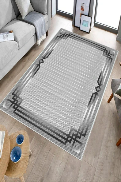 Makinede Yıkanabilir Leke Tutmaz  Gri Dot Keçe Kaymaz Taban Çerçeveli Salon Saçaksız Halı B1267  GRİ 80 x 200 - Resim 3