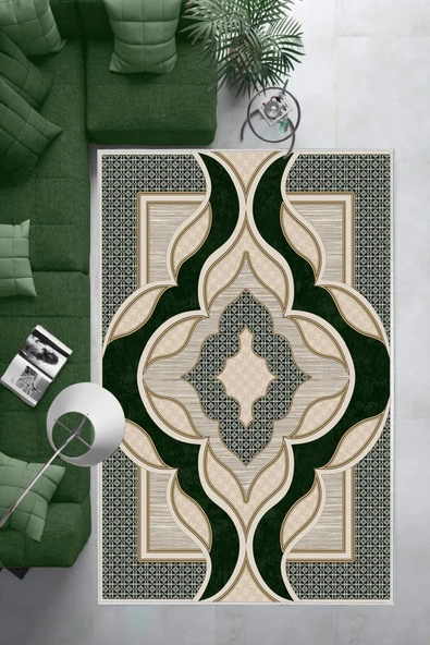 Makinede Yıkanabilir Leke Tutmaz  Yeşil Dot Keçe Kaymaz Taban Göbekli Salon Saçaksız Halı B1271  YEŞİL 160 x 230 - Resim 2