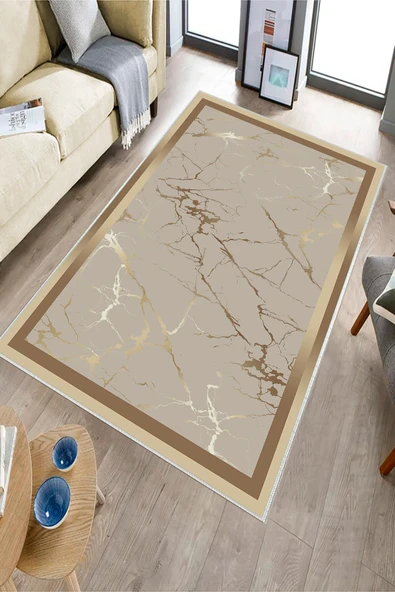 Makinede Yıkanabilir Leke Tutmaz  Gold-Vizon Dot Keçe Kaymaz Taban Çerçeve Salon Saçaksız Halı B1286  GOLD-VİZON 100 x 200 - 3