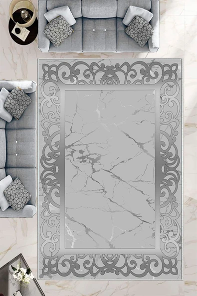Makinede Yıkanabilir Leke Tutmaz  Gri Dot Keçe Kaymaz Taban DekorÇerçeve Salon Saçaksız Halı B1276  GRİ 80 x 200