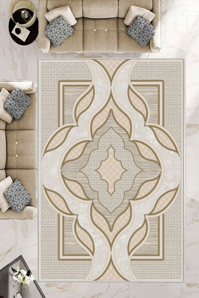 Makinede Yıkanabilir Leke Tutmaz  Bej Dot Keçe Kaymaz Taban Göbekli Salon Saçaksız Halı B1268  BEJ 160 x 230 ürün görseli