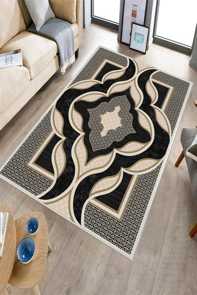 Makinede Yıkanabilir Leke Tutmaz  Siyah Dot Keçe Kaymaz Taban Göbekli Salon Saçaksız Halı B1273  SİYAH 80 x 150 - Resim 3