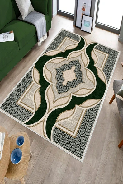 Makinede Yıkanabilir Leke Tutmaz  Yeşil Dot Keçe Kaymaz Taban Göbekli Salon Saçaksız Halı B1271  YEŞİL 160 x 230 - Resim 3