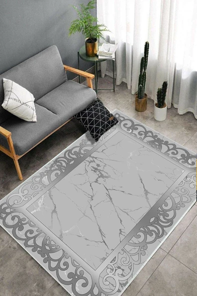 Makinede Yıkanabilir Leke Tutmaz  Gri Dot Keçe Kaymaz Taban DekorÇerçeve Salon Saçaksız Halı B1276  GRİ 180 x 280 - Resim 4