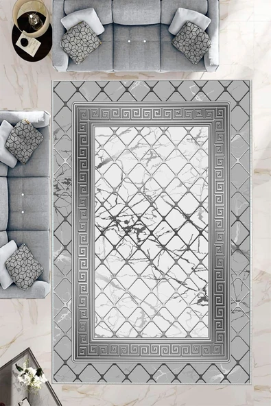 Makinede Yıkanabilir Leke Tutmaz  Gri-Beyaz Dot Keçe Kaymaz Taban Versace Salon Saçaksız Halı B1292  GRİ-BEYAZ 100 x 200 ürün görseli