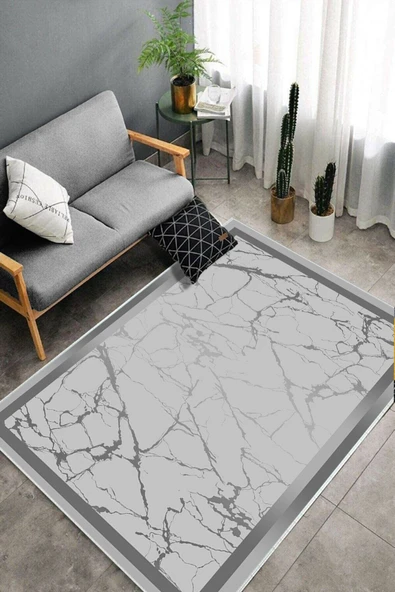 Makinede Yıkanabilir Leke Tutmaz  Gri Dot Keçe Kaymaz Taban Çerçeve Salon Saçaksız Halı B1288  GRİ 200 x 300 - Resim 4