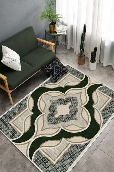 Makinede Yıkanabilir Leke Tutmaz  Yeşil Dot Keçe Kaymaz Taban Göbekli Salon Saçaksız Halı B1271  YEŞİL 160 x 230 - Resim 4