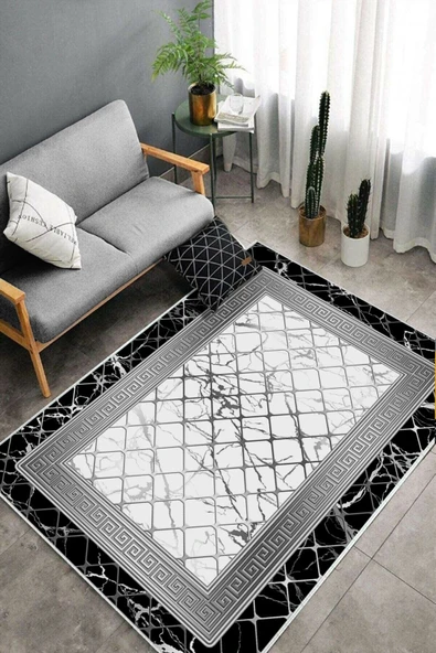 Makinede Yıkanabilir Leke Tutmaz  Siyah-Beyaz Dot Keçe Kaymaz Taban Versace Salon Saçaksız Halı B1294  SİYAH-BEYAZ 200 x 300 - Resim 4
