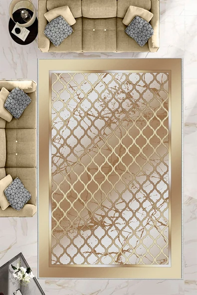 Makinede Yıkanabilir Leke Tutmaz  Gold Dot Keçe Kaymaz Taban Modern Salon Saçaksız Halı B1283  GOLD 120 x 180