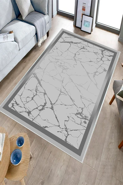 Makinede Yıkanabilir Leke Tutmaz  Gri Dot Keçe Kaymaz Taban Çerçeve Salon Saçaksız Halı B1288  GRİ 200 x 300 - Resim 3