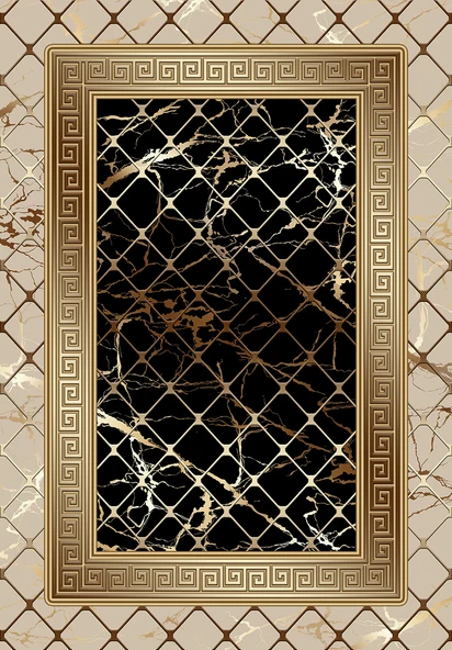 Makinede Yıkanabilir Leke Tutmaz  Vizon-Siyah Deko Deri Kaymaz Taban Versace Salon Saçaksız Halı B1277  KARMA 120 x 180 - 2