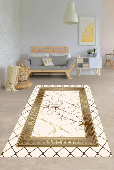 Makinede Yıkanabilir Leke Tutmaz  Krem-Gold Pvc Deri Taban Kaymaz Versace Salon Saçaksız Halı B1282  KARMA 80 x 150